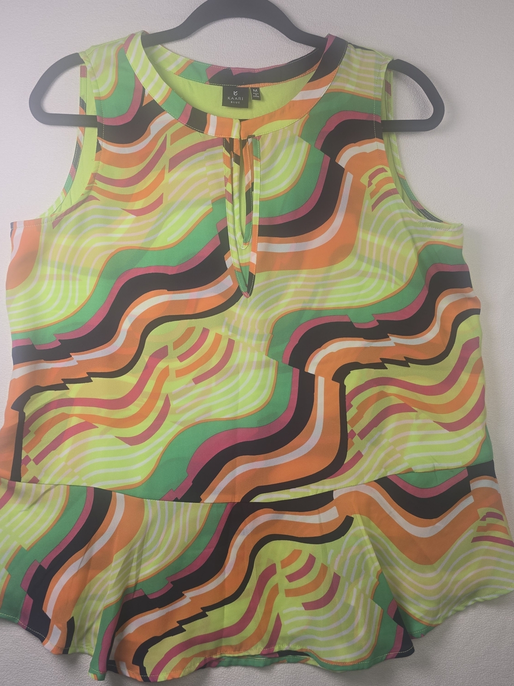 KAARI BLUE RUFFLED TANK BLOUSE VIBRANT RETRO WAVY STRIPE PRINT WOMENS LARGE